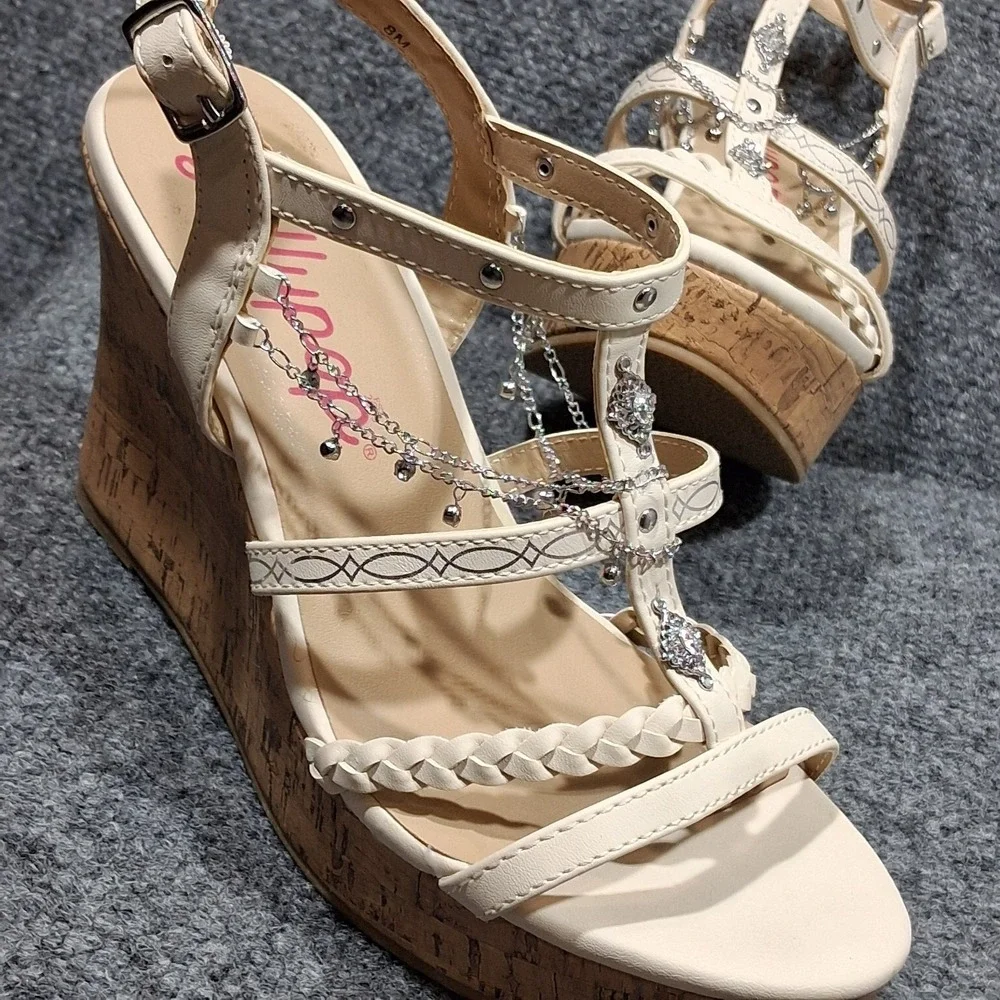 Jellypop Wedge Sandals Cream With Silver  Tone Chain Jewel Accents  Ankle Strap - Picture 7 of 13